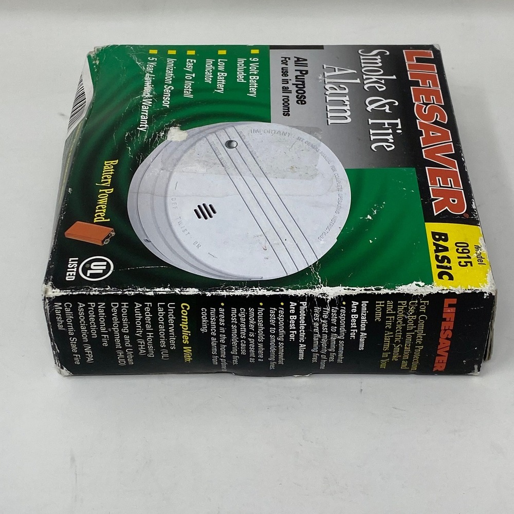 Lifesaver 0915 Smoke Fire Alarm White Ionization Sensor Battery Powered